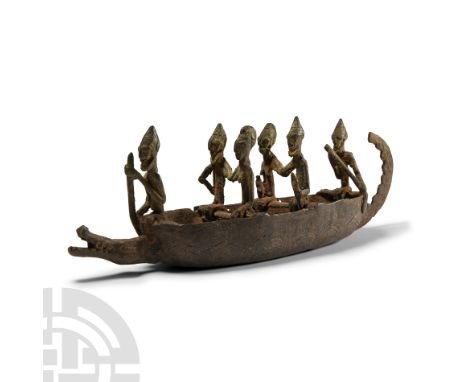 19th-early 20th century A.D.. Miniature boat model comprising: flat-bottomed open boat with incised zigzag line to the hull, 