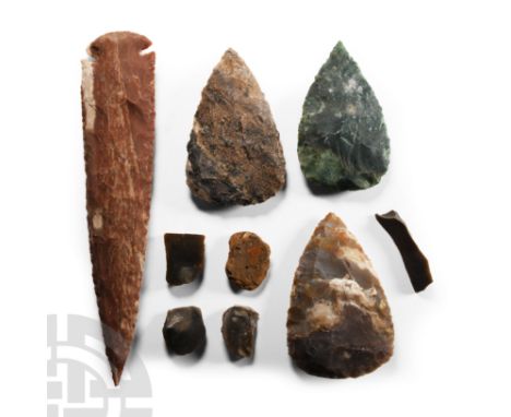 Neolithic Period, circa 6th-4th millennium B.C.-20th century A.D.. Group of genuine flint scrapers accompanied by modern axe 