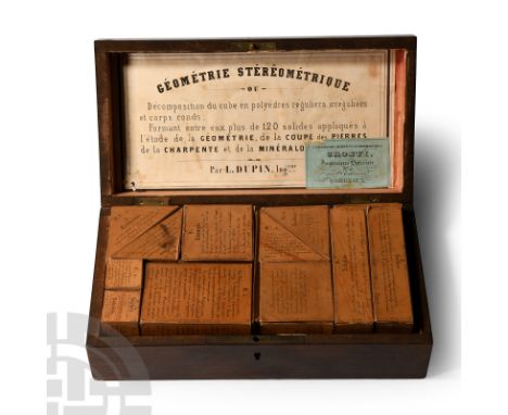 French, circa 1850 A.D.. A rare complete set of folded-card polyhedrons, each with extensive printed notes on the surfaces, d