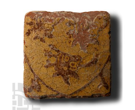 England, 15th century A.D.. Square glazed floor tile with yellow motif of lions passant on a heater shield. Cf. Eames, E., Me