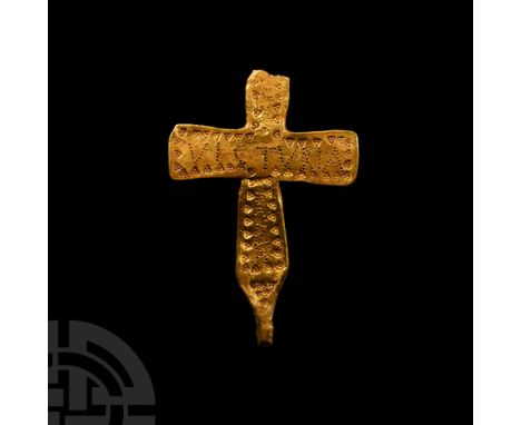 Circa 6th-7th century A.D.. Flat-section with stamped triangular decorated border enclosing inscription: 'CX REX VICTVRIA'; a