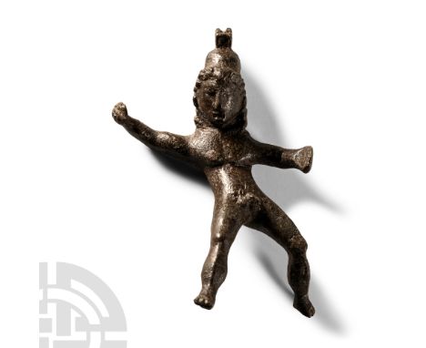 2nd-3rd century A.D.. Modelled in the round, nude male with legs in straddling pose, left hand thrust forward and right arm r