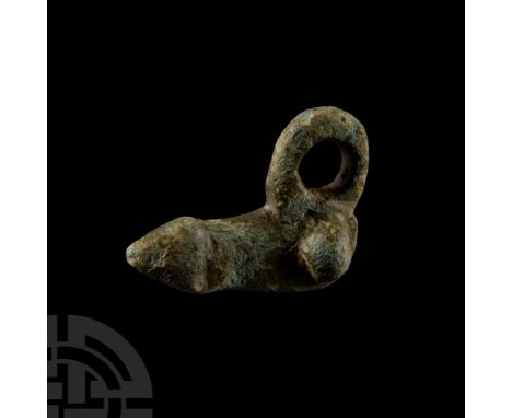 1st-4th century A.D.. A phallic amulet with loop to the rear.  6.53 grams, 25 mm (1 in.). Found near Bainton, East Riding of 