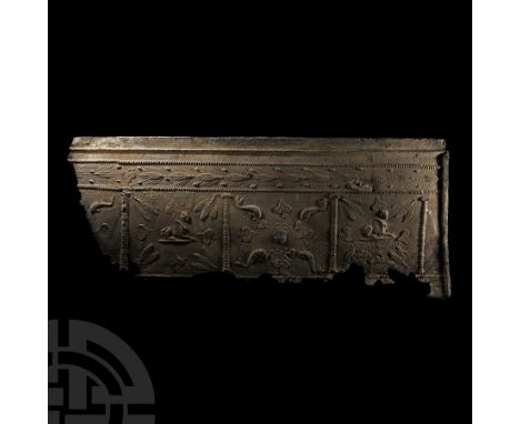 2nd-3rd century A.D. Decorated with a high-relief pattern comprising sphinxes surrounded by dolphins and masks of Medusa surr