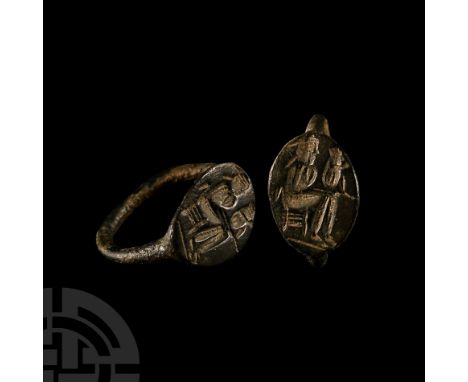 1st century B.C.-1st century A.D.. With round-section hoop, ellipsoid bezel, intaglio representing a Parthian trader with a c