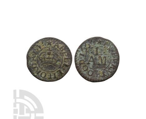 17th century A.D.. Obv: ABELL LIFORD AT around crown in centre. Rev: IN BURNTWOOD 1666 around L / A M. Dickenson p.56, 46A. 0