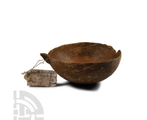 Middle Bronze Age I-II, circa 2000-1750 B.C. Hemispherical with spur handle below the rim, perced; repaired.  137 grams, 12 c