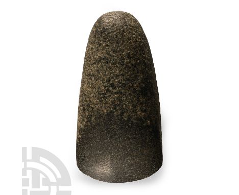 Neolithic Period, circa 7500-5300 B.C. With rounded butt and slightly curving cutting edge.  190 grams, 90 mm (3 1/2 in.). Fr