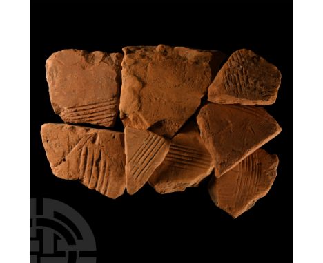 2nd-4th century A.D.. Irregular fragments of terracotta roof tile, some with ribbing.  1.4 kg total, 7.3-12.1 cm (2 7/8 - 4 3