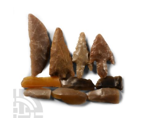 Neolithic Period, circa 5th-3rd millennium B.C. Including barbed and tanged arrowheads, crescent scrapers and other items.  1