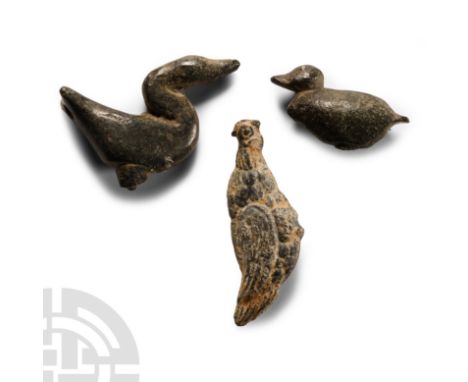 2nd-3rd century A.D.. Group of three figures modelled in the round comprising: game bird (beak absent); goose with peg to und