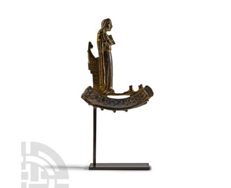 France, Limoges, circa 1230-1240 A.D.. Gilt-bronze crozier head fragment comprising: lower arc of the bow with lattice and en