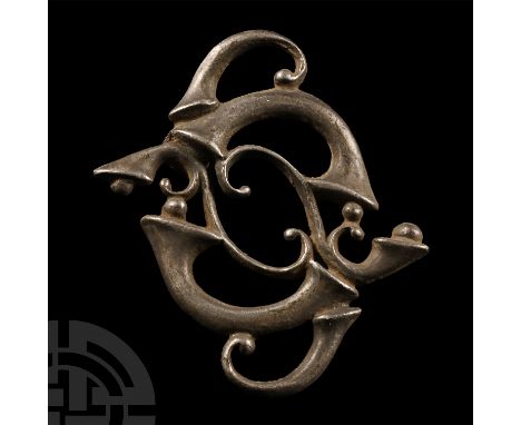 2nd century A.D.. Fine openwork casting of La Tène trumpets and scrolls with catch to the reverse. Cf. Heeren, S. &amp; van d