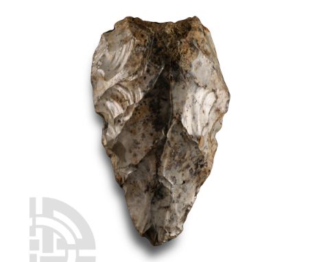 Middle Palaeolithic Period, circa 240,000- 38,000 B.P.. With broad rounded butt, D-shaped in section, some cortex at butt. Cf