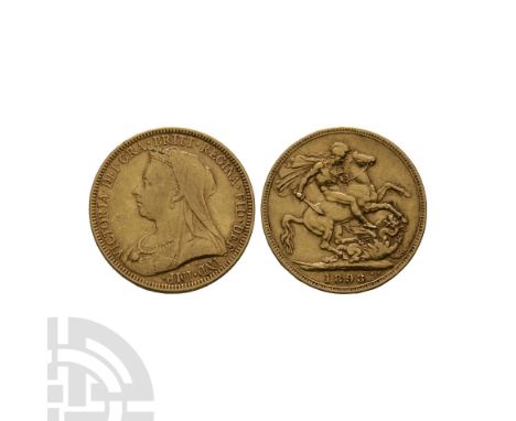 Dated 1893 A.D.. Obv: profile bust with VICTORIA DEI GRA BRITT REGINA FID DEF IND IMP legend. Rev: St George and dragon with 