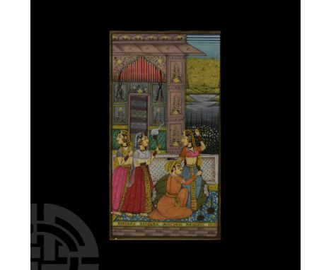 India, 20th century A.D.. Showing figures in an architectural setting, water and landscape beyond; possibly two female attend