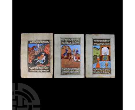 India, 19th century A.D.. Three bifacial manuscript pages, each with recto with multiple lines of text, verso with watercolou