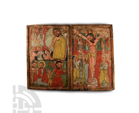 18th century A.D.. Comprising two recessed panels, the left hand panel showing biblical scenes divided into two panels: in th
