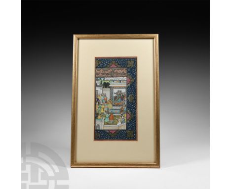 Persia, 20th century A.D.. With two lines of a poem, permitting a view into a grand architectural setting, populated by falco