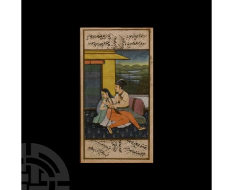 India, 20th century A.D.. A courtyard scene composed of a couple embracing, the woman reluctant to accept the contents of the