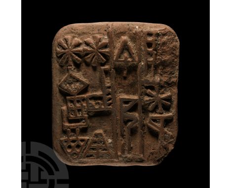 3000-2000 B.C. Rectangular slab with reserved symbols in three columns to one face, reverse plain. Cf. similar item in the Br