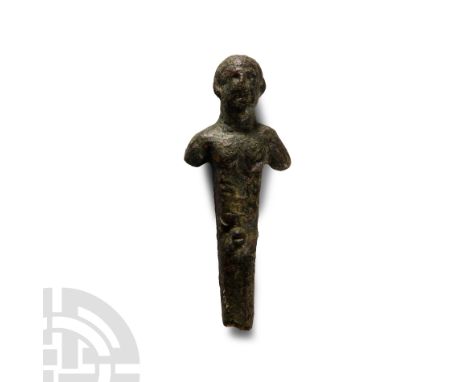Circa 3rd century B.C. Miniature herm with male head and torso developing to a square-section trunk with genitals; pointillé 