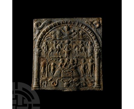 2nd-3rd century A.D.. Displaying a figural scene in relief with an arch decorated with egg-and-dart motifs and resting on smo