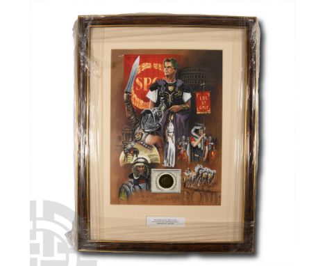 3rd century A.D. and later. The coin mounted on 22 carat gold foil, framed with an art print signed by the artist David McAll
