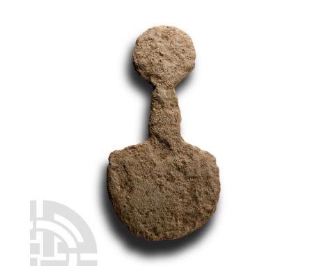 Early Bronze Age II, circa 2700-2100 B.C. With D-shaped body, tapering shank and disc finial.  92 grams, 13 cm (5 1/8 in.). F