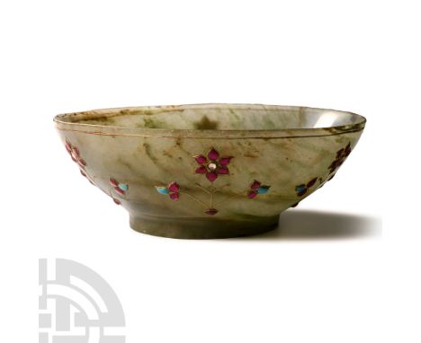 20th century A.D.. Broad bowl with basal ring, rounded rim with inlaid wire band below, floral motifs in inlaid wire with rub