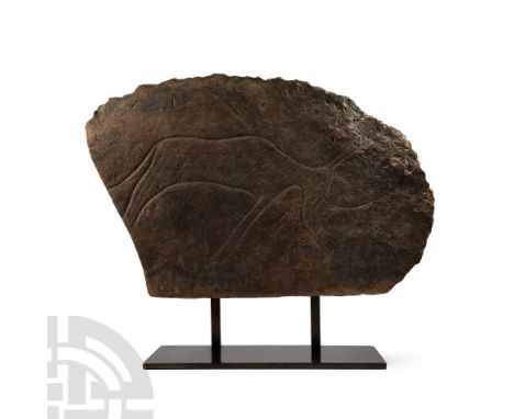 Neolithic Period, 3rd-2nd millennium B.C. or later. Dressed stone panel with incised image of a horned animal in profile; mou