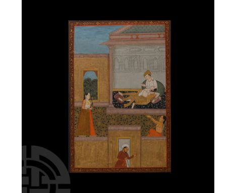India, 20th century A.D.. Showing figures in an architectural setting, one couple in an intimate embrace in an upper room, a 