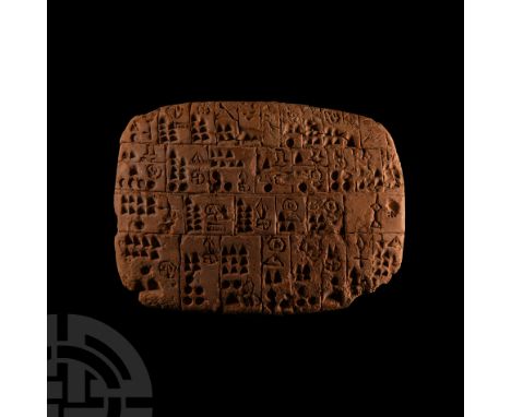 3300-3000 B.C. Lentoid-section slab with incised grid to each face: one with three columns, impressed roundels and crescents,