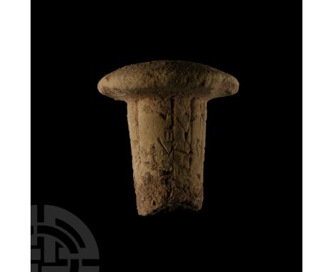 3rd-2nd millennium B.C. Conical foundation nail fragment with broad domed top, columns of cuneiform text to the shank:'dnin-g