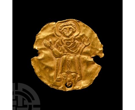 Late 10th-early 11th century A.D.. Sheet gold disc with three holes close to the rim for attachment of links (two damaged); r