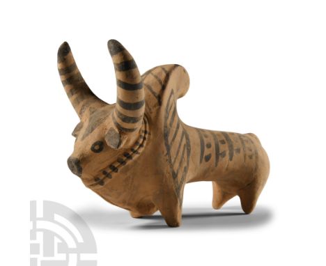 20th century A.D.. Model zebu with applied black linear ornament.  350 grams, 16 cm (6 1/4 in.). From the property of the lat