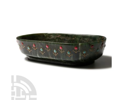 20th century A.D.. Shallow trough with basal ring, frieze of applied gold-coloured metal flower motifs with inlaid petals alt