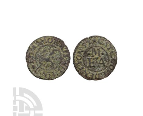 Dated 1657 A.D.. Obv: EDM.MORRIS.WITHIN.B, around cable inner circle, a lion rampant. Rev: GATE.GOVLDEN.LYON.57, around cable