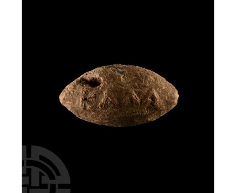 3rd century B.C. Lentoid-section and depicting a stylised scorpion to one side and inscription '????' on the other. Cf. Manov