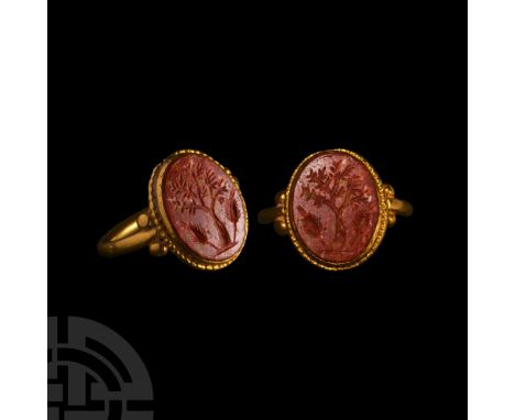 4th-6th century A.D.. With slender hoop and ellipsoid bezel flanked at each shoulder by two granules, beaded wire collar, ins