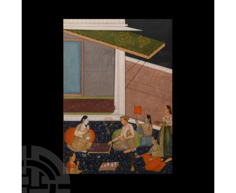 India, 20th century A.D.. Showing figures in an architectural setting, a man and woman sitting against cushions whilst playin