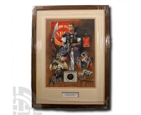 3rd century A.D. and later. The coin mounted on 22 carat gold foil, framed with an art print signed by the artist David McAll