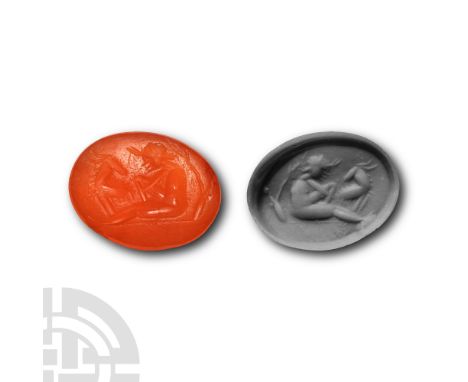1st-3rd century A.D.. With intaglio scene of a man milking a goat with one leg extended, his back resting on a tree-trunk; su