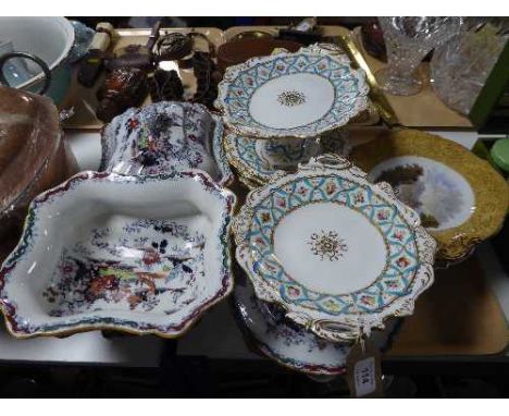 Two antique Ashworth Brothers tureens with side plates, two late 19th century white and gilt comports with side plates etc