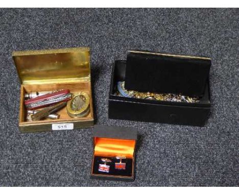 Two boxes of assorted pin badges, cuff links, lighters, whistle, compass etc 