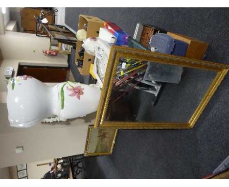 A ceramic jardiniere on stand, gilt framed mirror, boxed cake stand, boxed glass ware, kettle etc 