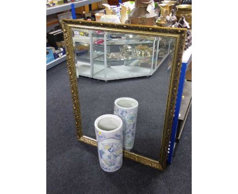 A gilt framed bevelled mirror together with a Chinese ceramic stick stand