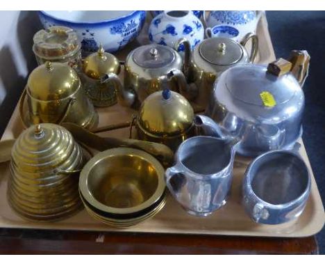 A tray of piquet ware tea service, brass lidded pots, shoe horn, two plated teapots etc 