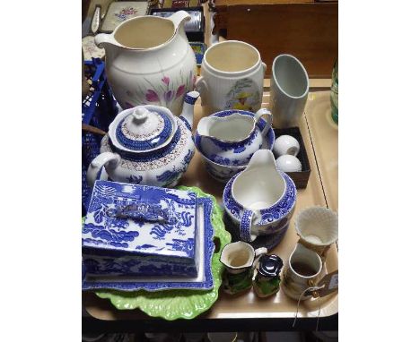 Assorted china to include blue and white Willow pattern, Wedgwood jasperware dish, Belleek vase, Royal Worcester miniature ju