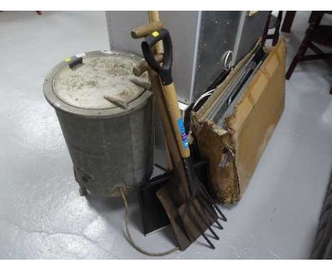 A Burco water boiler, four folding chairs and a bundle of garden tools 